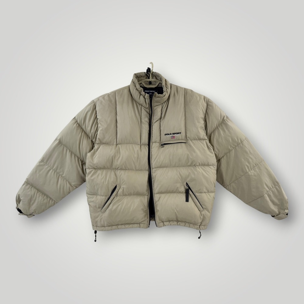 Polo Sport Ralph Lauren Puffer Jacket Tan Khaki Down Fill Mens XL Vintage Flaw